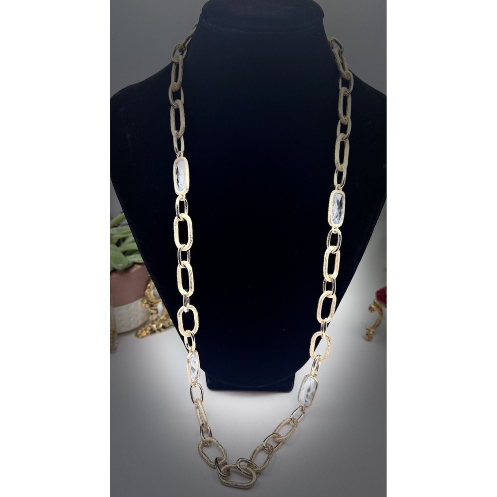 Chunky Curb Link Gold Tone Necklace Baguette Acrylic Rhinestones 28in Long